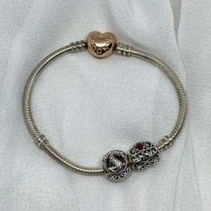 Pandora Moments Heart Clasp Snake Chain Bracelet (includes TWO charms)